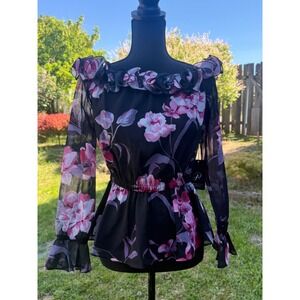 ADRIANNA PAPELL Floral-Print Chiffon Off-the-Shoulder Top with Rosettes SIZE 2